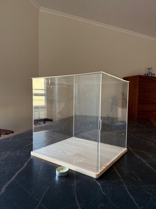Vitrine acrilica com base de madeira