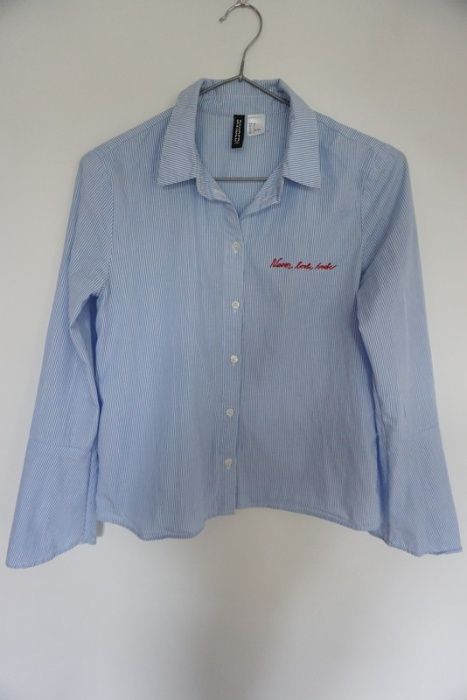 Błękitna koszula w białe paski H&M XXS 32 elegancka bluzka długi rękaw
