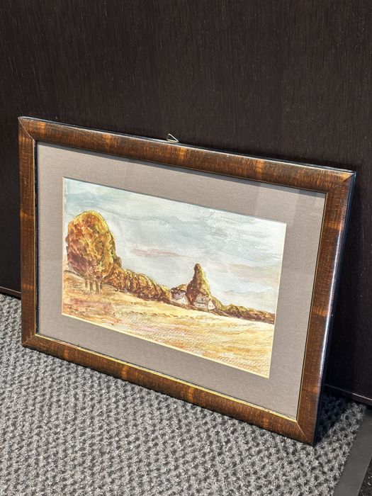 Obraz PRL krajobraz pejzaż w drewnianej ramie stary obraz