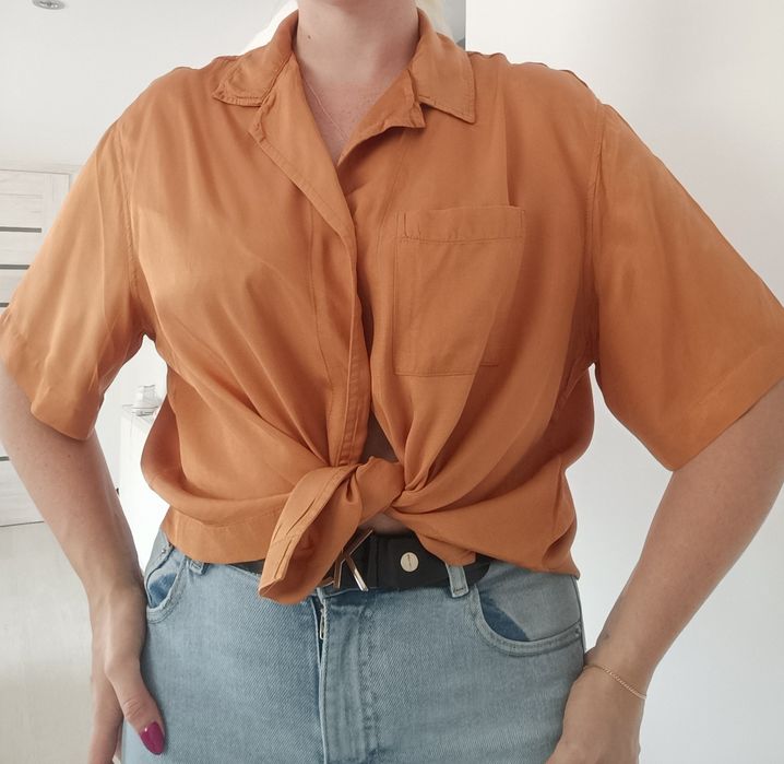 Luźna zwiewna koszula Crop top oversize wiskoza H&M bluzka krótki ręka