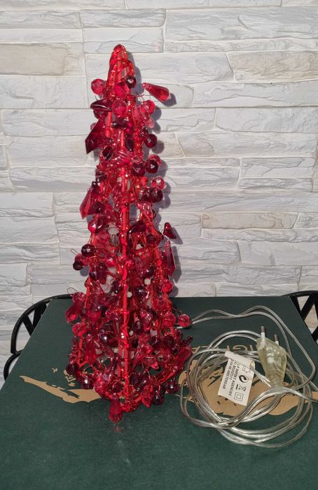 Lampka Choinka Czerwona z Koralików Ozdoba  Świąteczna Lampion