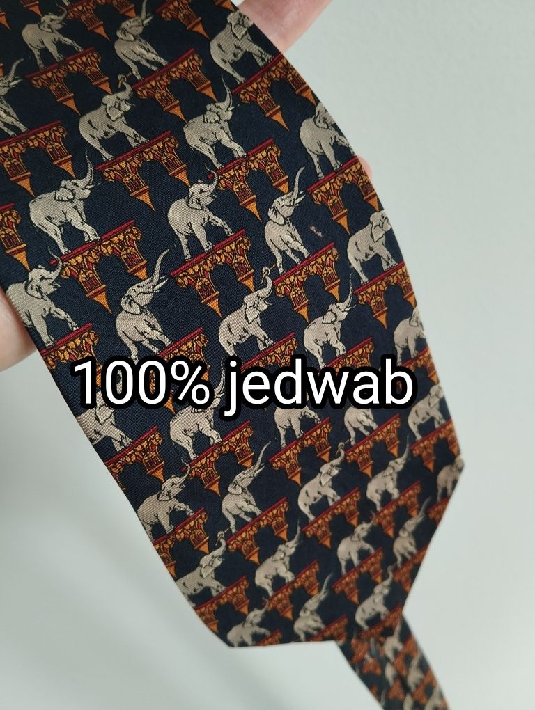 Jedwabny krawat 100% silk słonie, orientalny 9 cm John Comfort