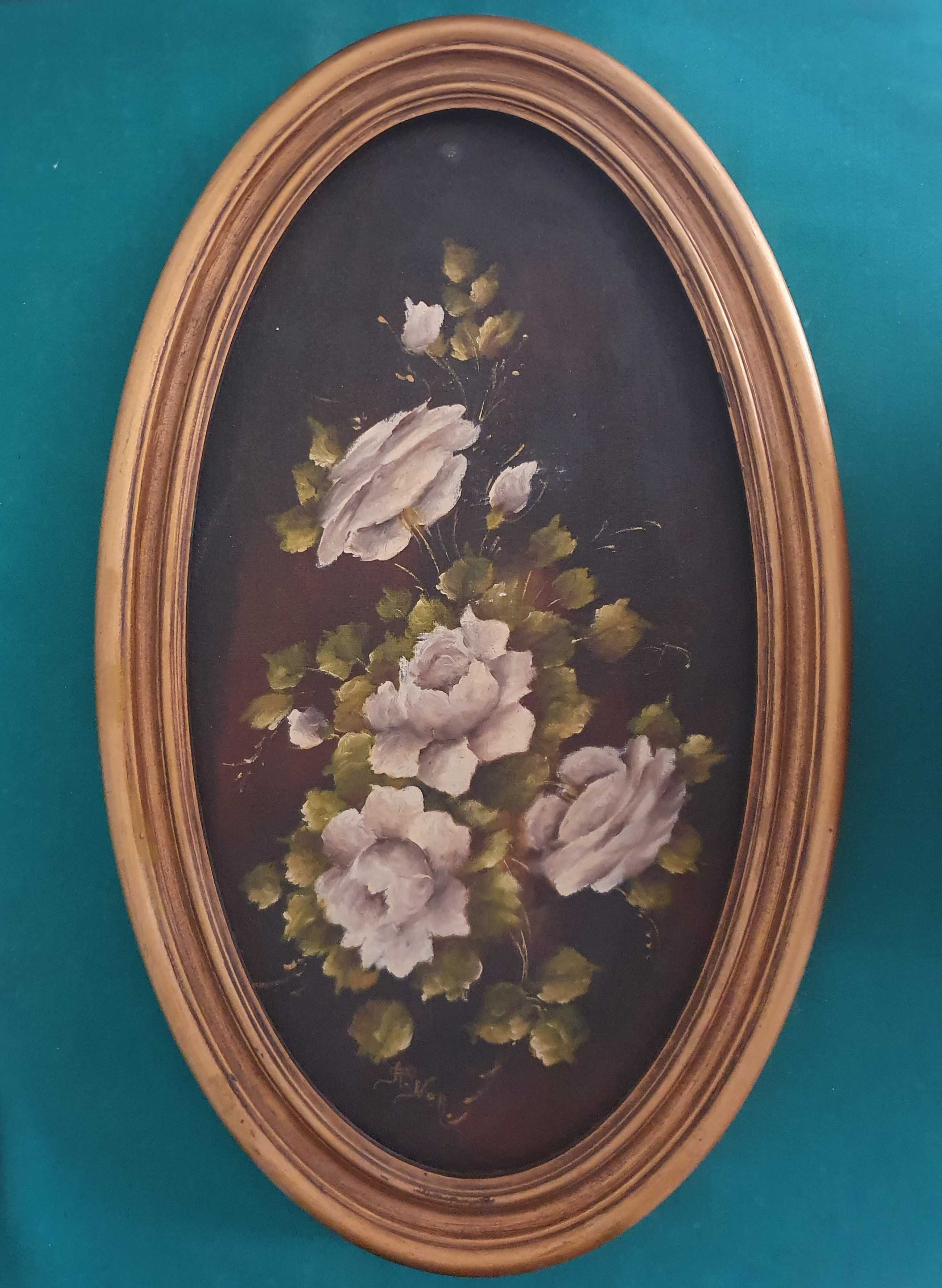 A. Nor. Linda Pintura Floral original, a óleo, oval, anos 70 - 62x37cm