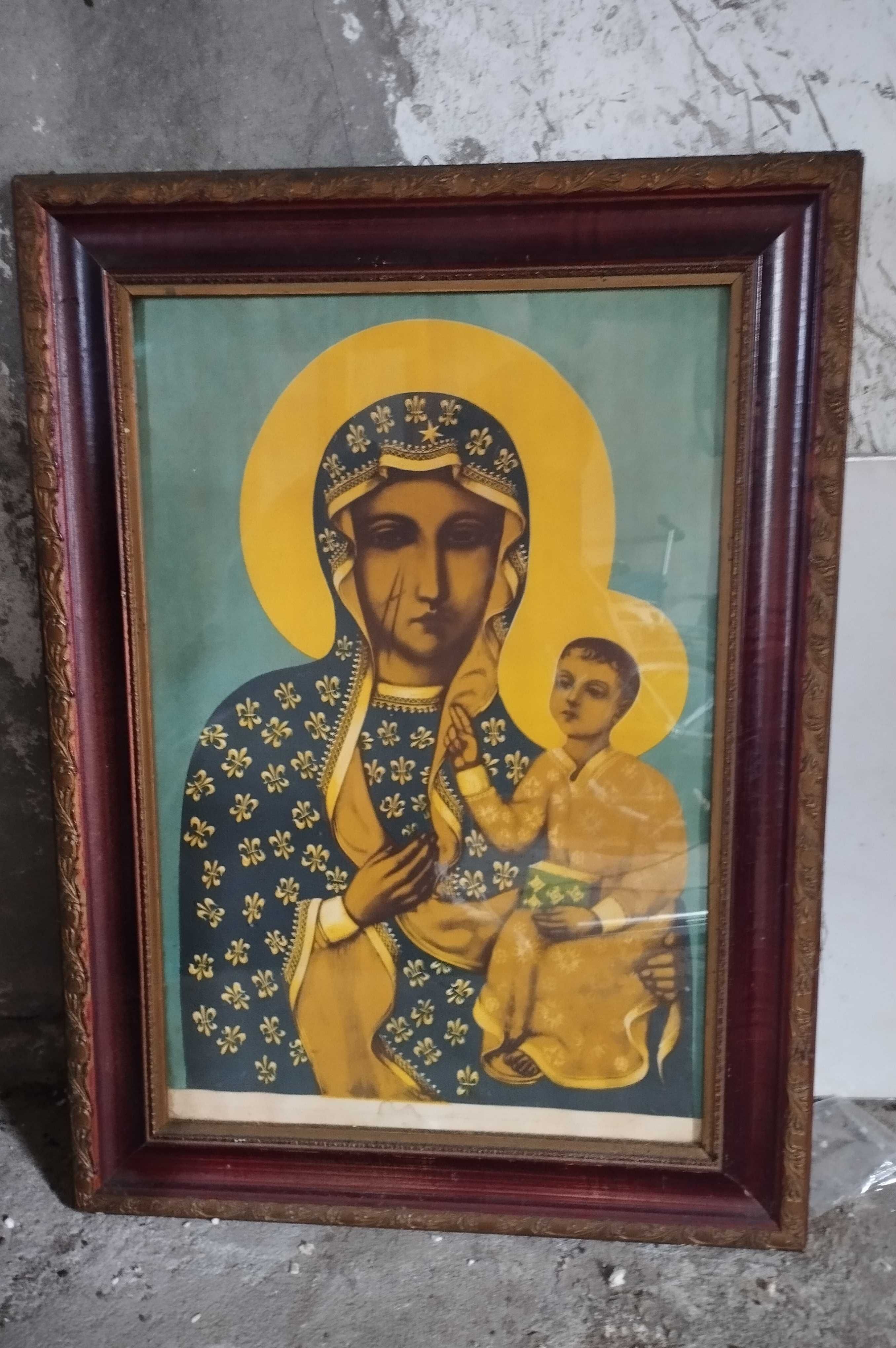 Piękny bardzo stary obraz religijny Matka Boska Częstochowska drewno