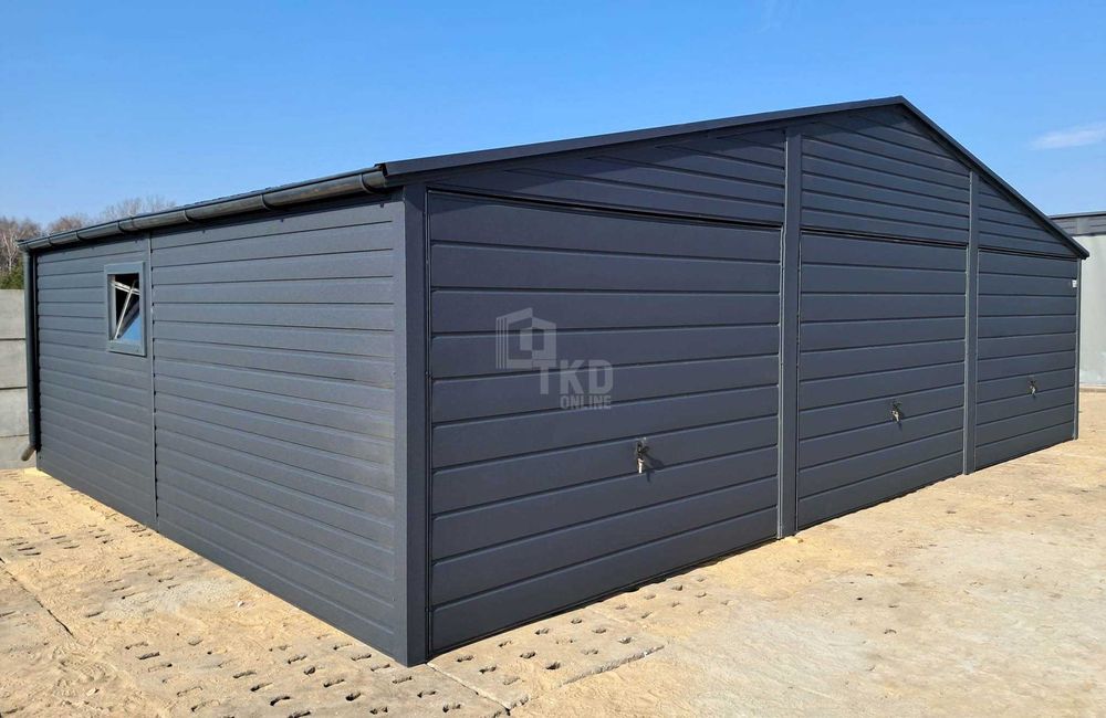 Garaż blaszany 9x6m 3x Brama uchylna okno rynny  dach dwuspad TKD254