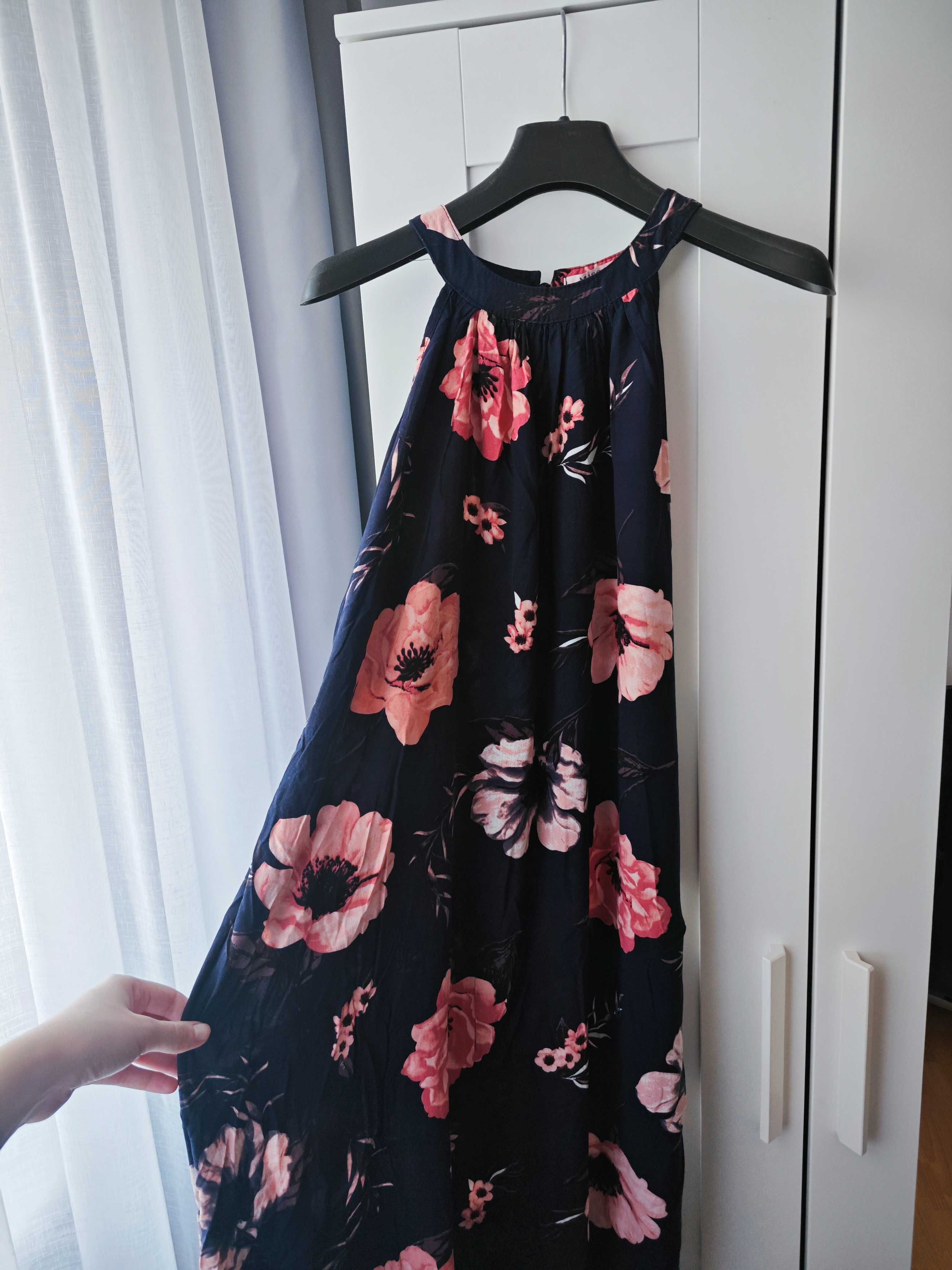 Sukienka halter długa granatowa w kwiaty, floral, rozmiar 36