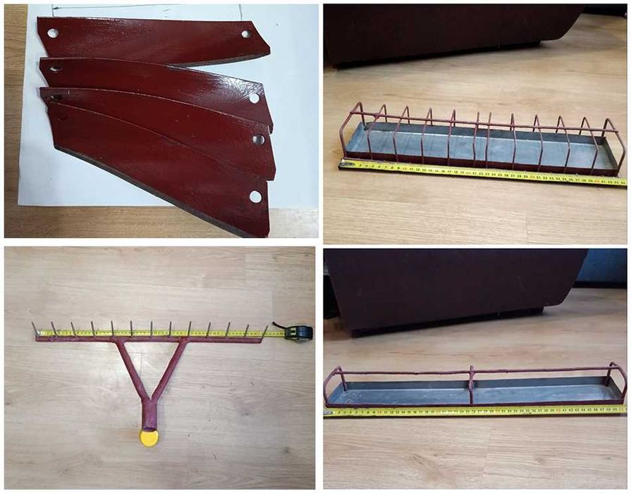 Граблі, годівниці, ножі для січкарні, пляшки, банки