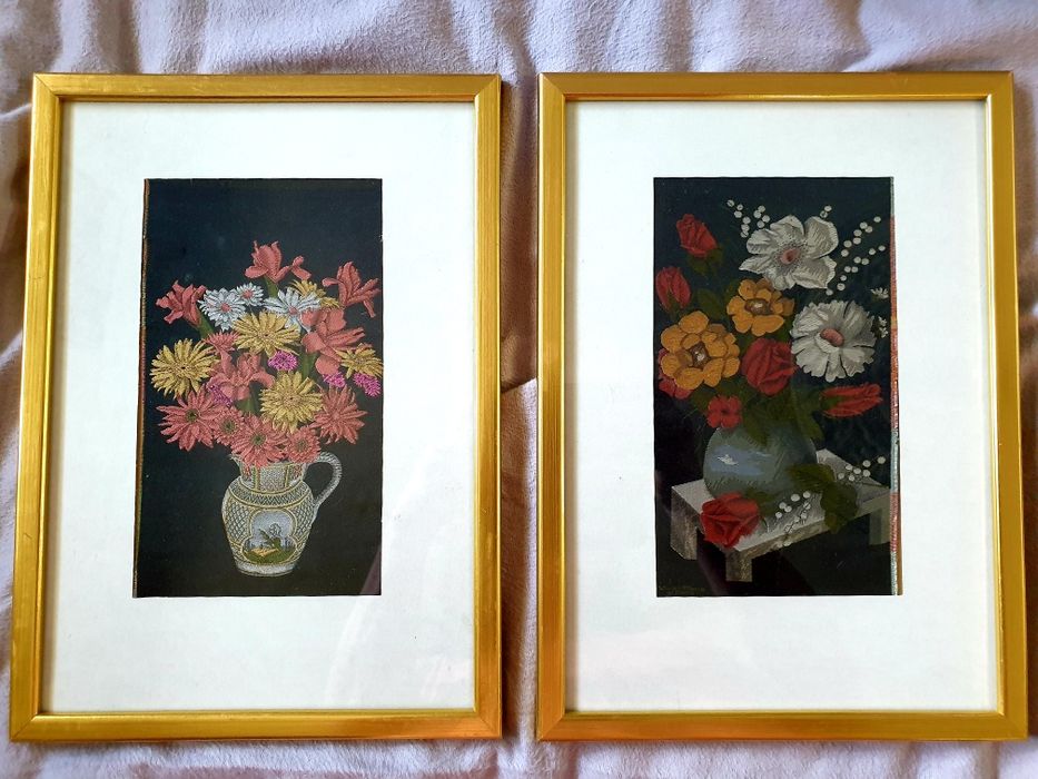 2 lindos quadros vintage- naturezas mortas-tecidos de arte