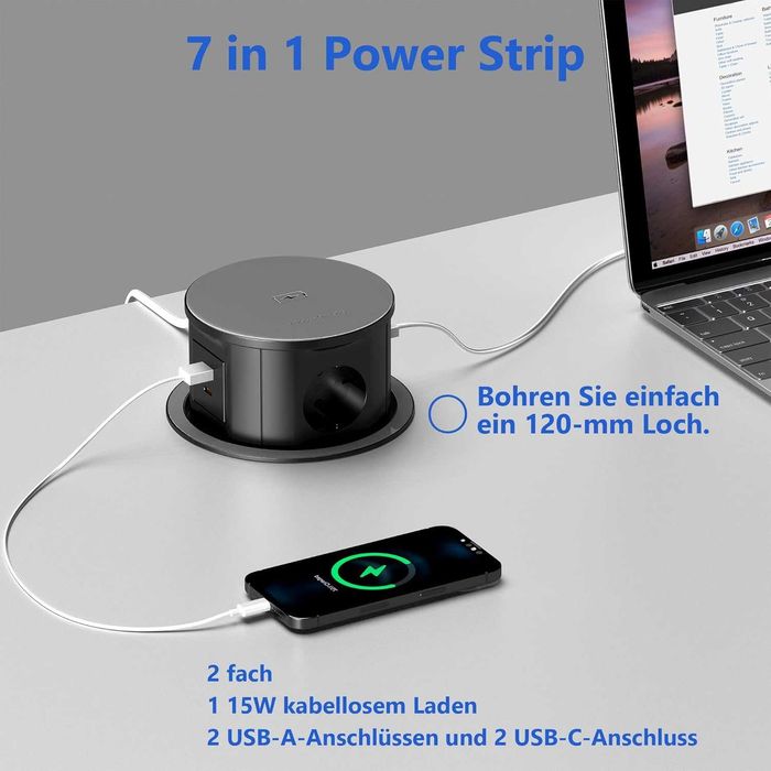 Wysuwana listwa zasilająca z USB C bezprzewodowe ładowanie 120 mm