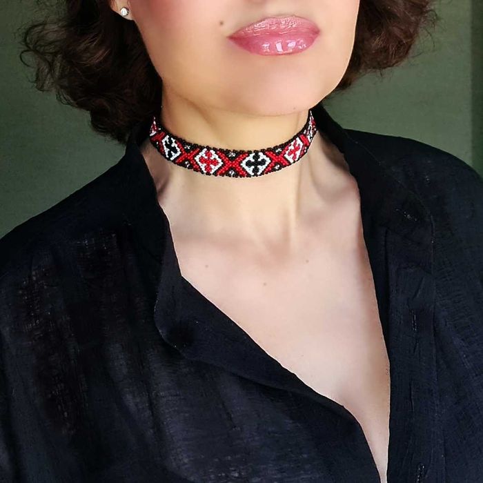 Чокер червоно чорний стрічковий ґердан українські прикраси до вишиванк