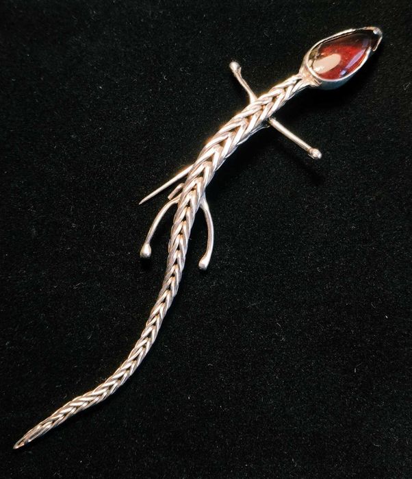 Srebro Bursztyn Piękna Duża Srebrna  Brosza z Bursztynem Antyk Secesja