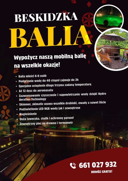 Wynajem BESKIDZKA BALIA, mobilne jacuzzi, ruska bania.