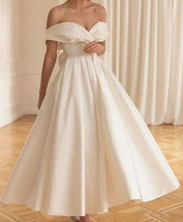 Sukienka ślubna boho retro midi rozkloszowana hiszpański dekolt S 36