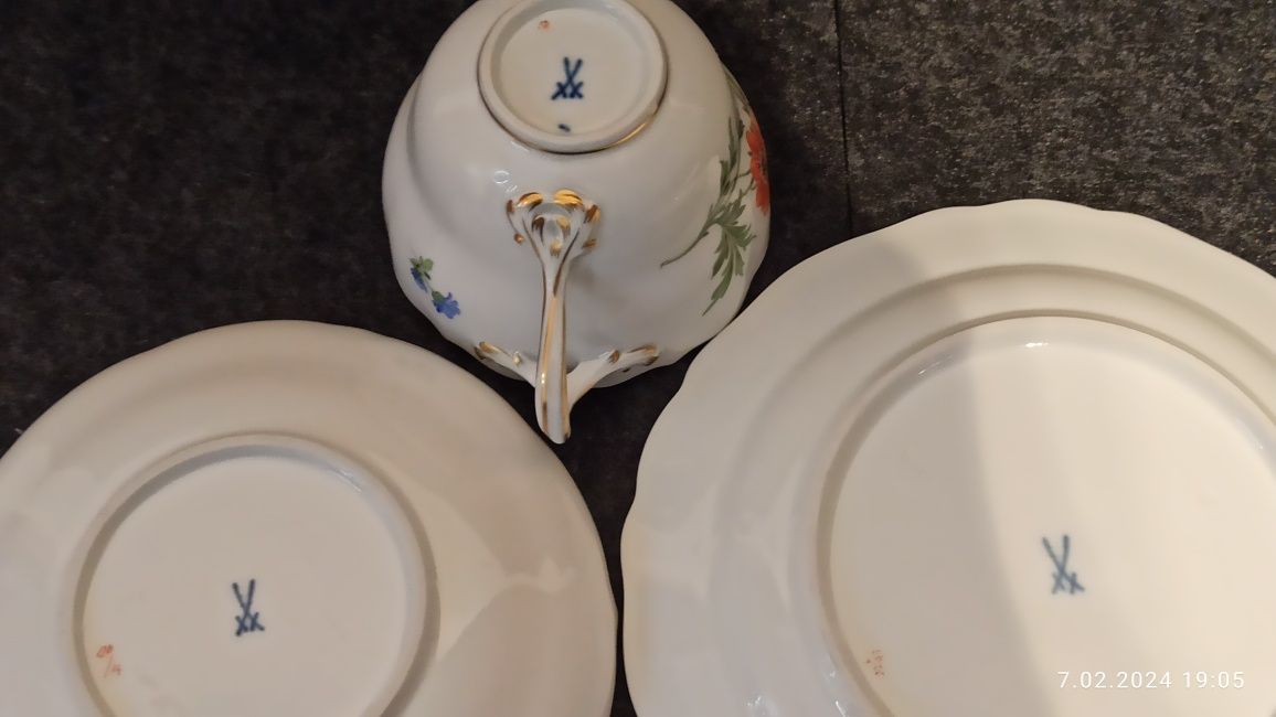 Porcelana MEISSEN TRIO Miśnia Dekor kwiatowy Królewska Manufaktura