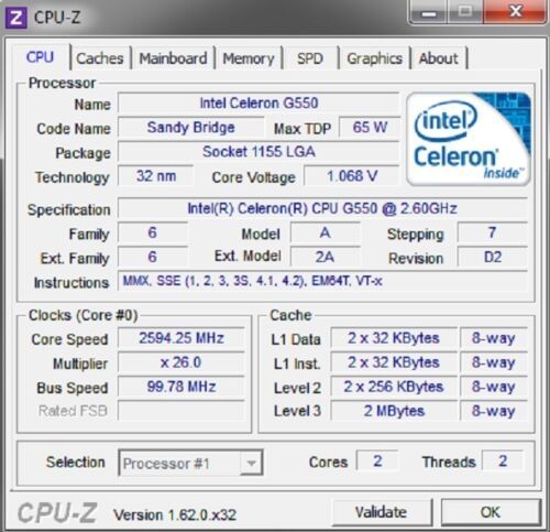 Intel® Celeron® G550 2 МБ кэш, тактовая частота 2,60 ГГц Socket 1155