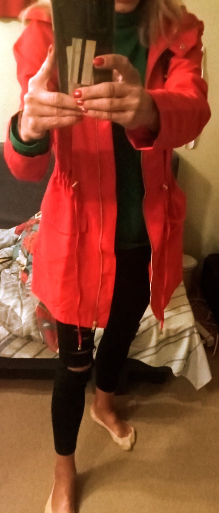 Parka czerwona cienka z kapturem,nowa, damska xs,s,m