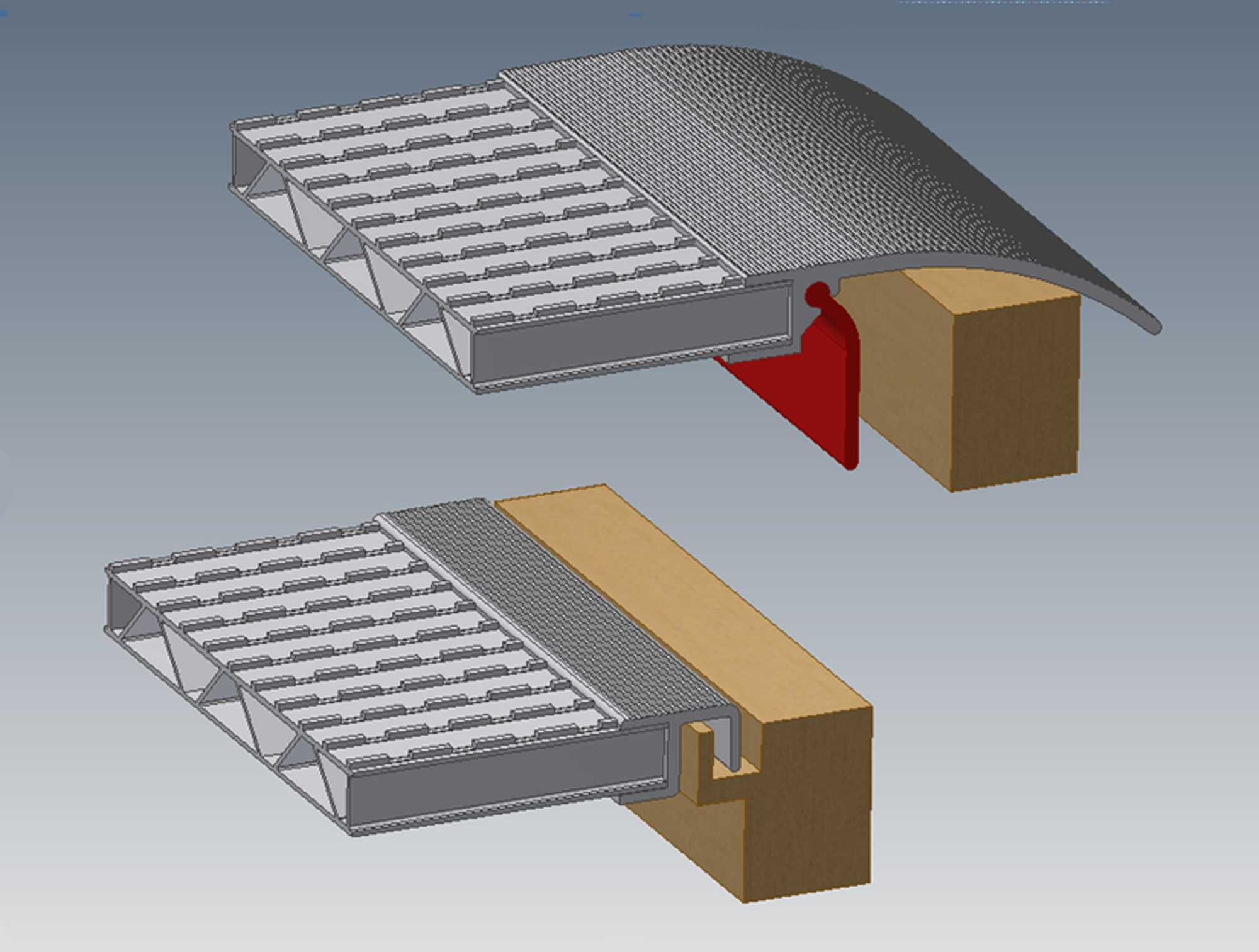 Najazdy aluminiowe frezowane 2500x340x40mm moc. kątownik nośność 2,3t.