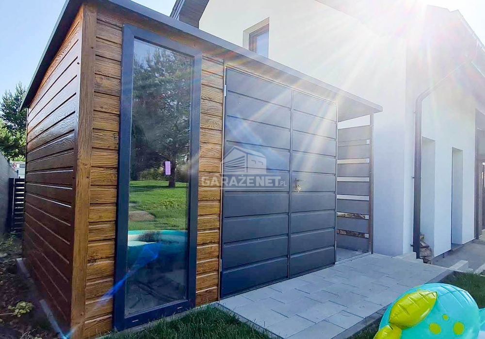 DOMEK OGRODOWY 3X2,5M Wiata1M Brama Dwuskrzydłowa Drewnopodobny Gb460