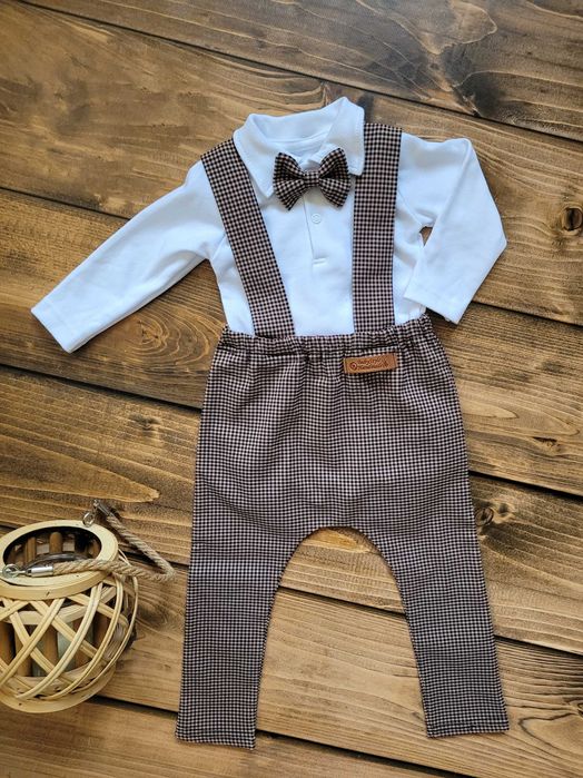 Elegancki zestaw garnitur na chrzest roczek  kratka handmade 62