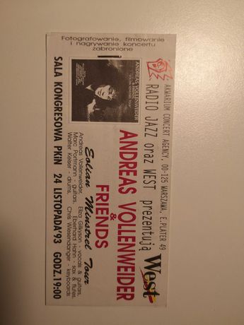 Kolekcjonerski bilet z koncertu zespołu Andreas Vollenweider  1993