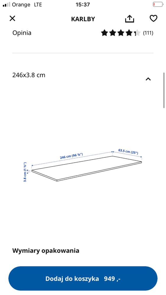 Nowy Blat KARLBY Ikea 246 cm grubość 3,8 cm dębowy fornir