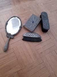 Conjunto antigo espelho de mão e guarda joias madreperola