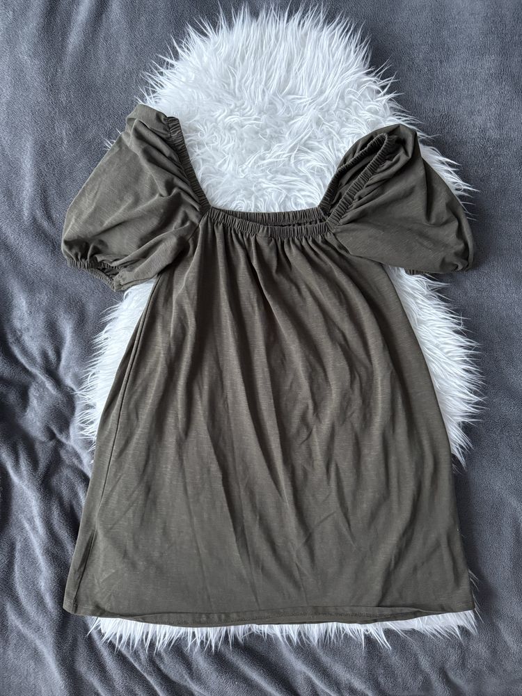 Luźna sukienka z bufiastymi rękawami H&M oliwkowa rozmiar XS