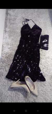 Czarna wieczorowa sukienka w cekiny rozmiar S/M syrenka rybia łuska