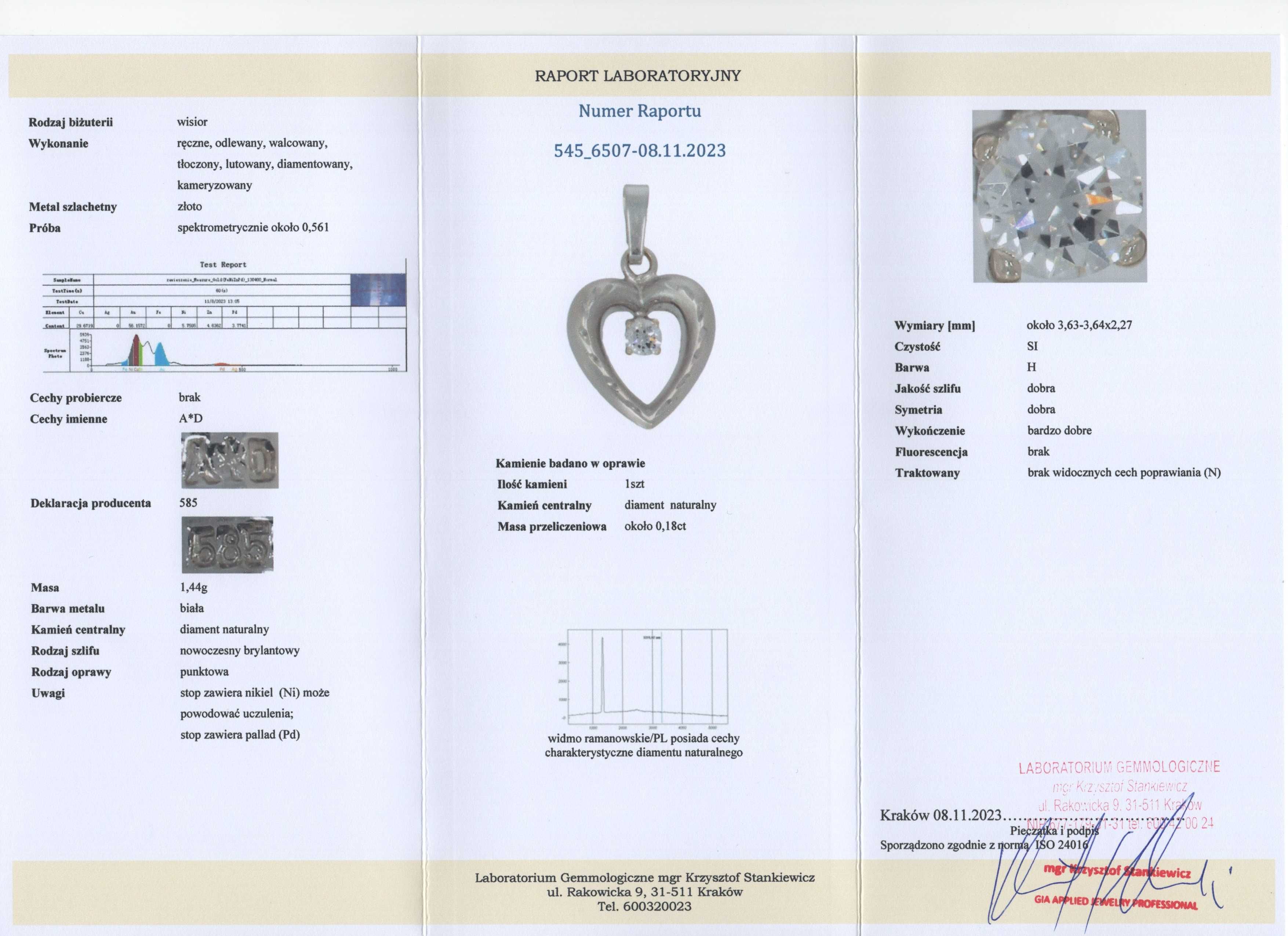 Złota Zawieszka - Serce - Serduszko - 1,44g - DIAMENT - KRAKÓW - WEGAR