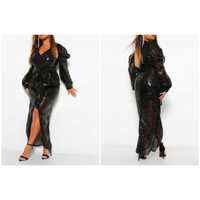 Boohoo cekinowa sukienka maxi 44 xxl czarna zdobiona pasek