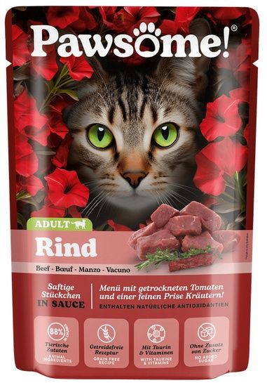 Karma dla kotów bez cukru i zbóż - Pawsome z wołowiną w sosie 85g