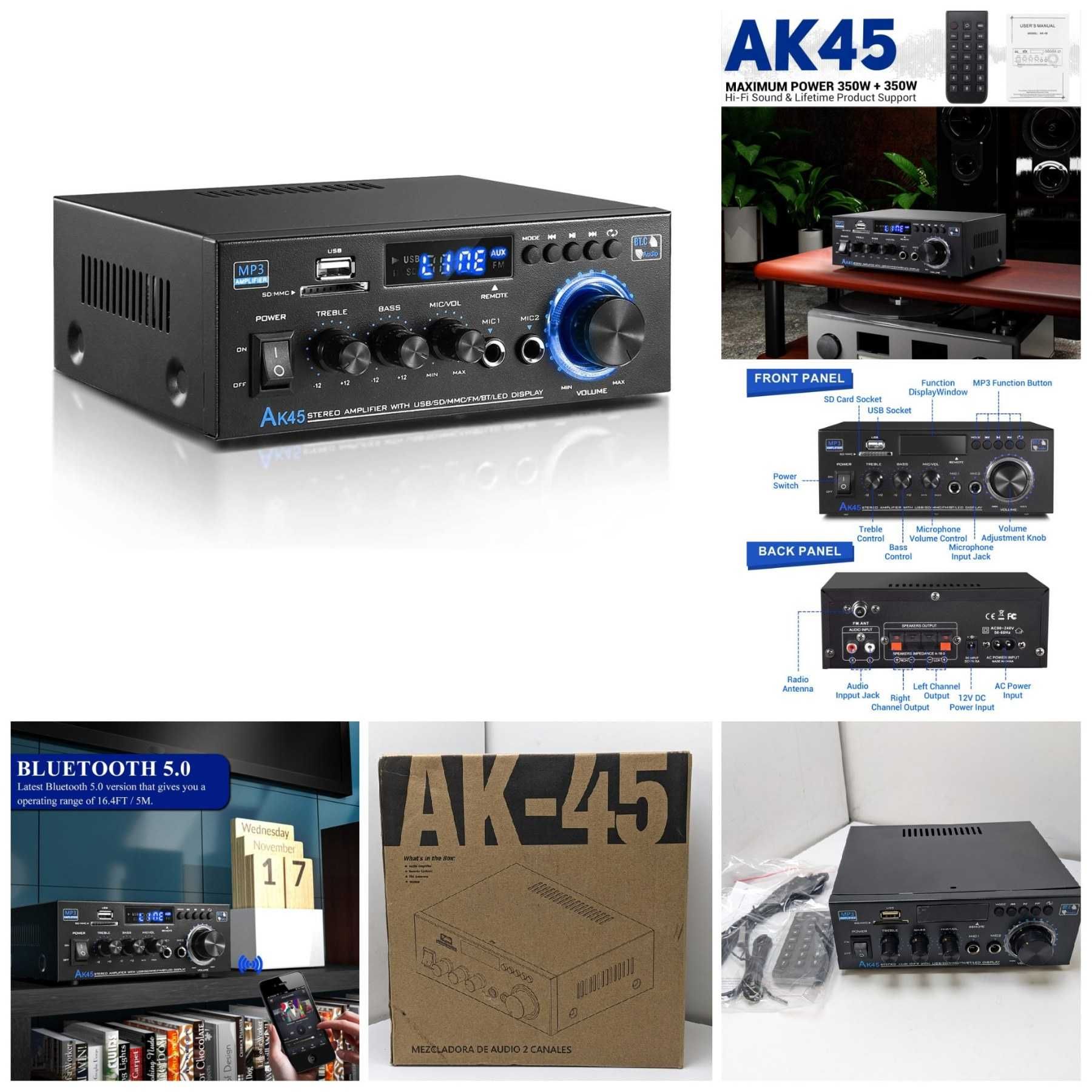 Аудіопідсилювач-ресивери AK45 Bluetooth 5.0 HiFi стерео міні