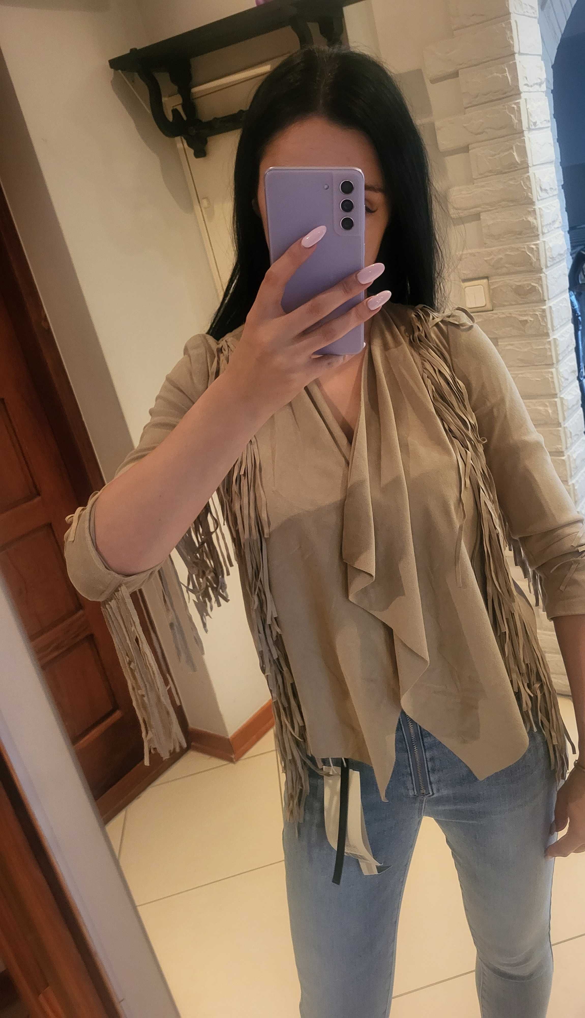 Narzutka Bershka frędzle boho 34 xs zamsz