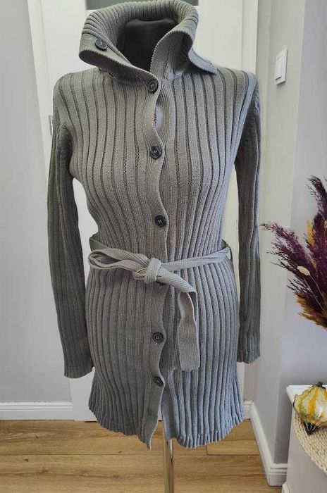 Zielony khaki długi  kardigan wiązany prążek  rozmiar M/L h&m