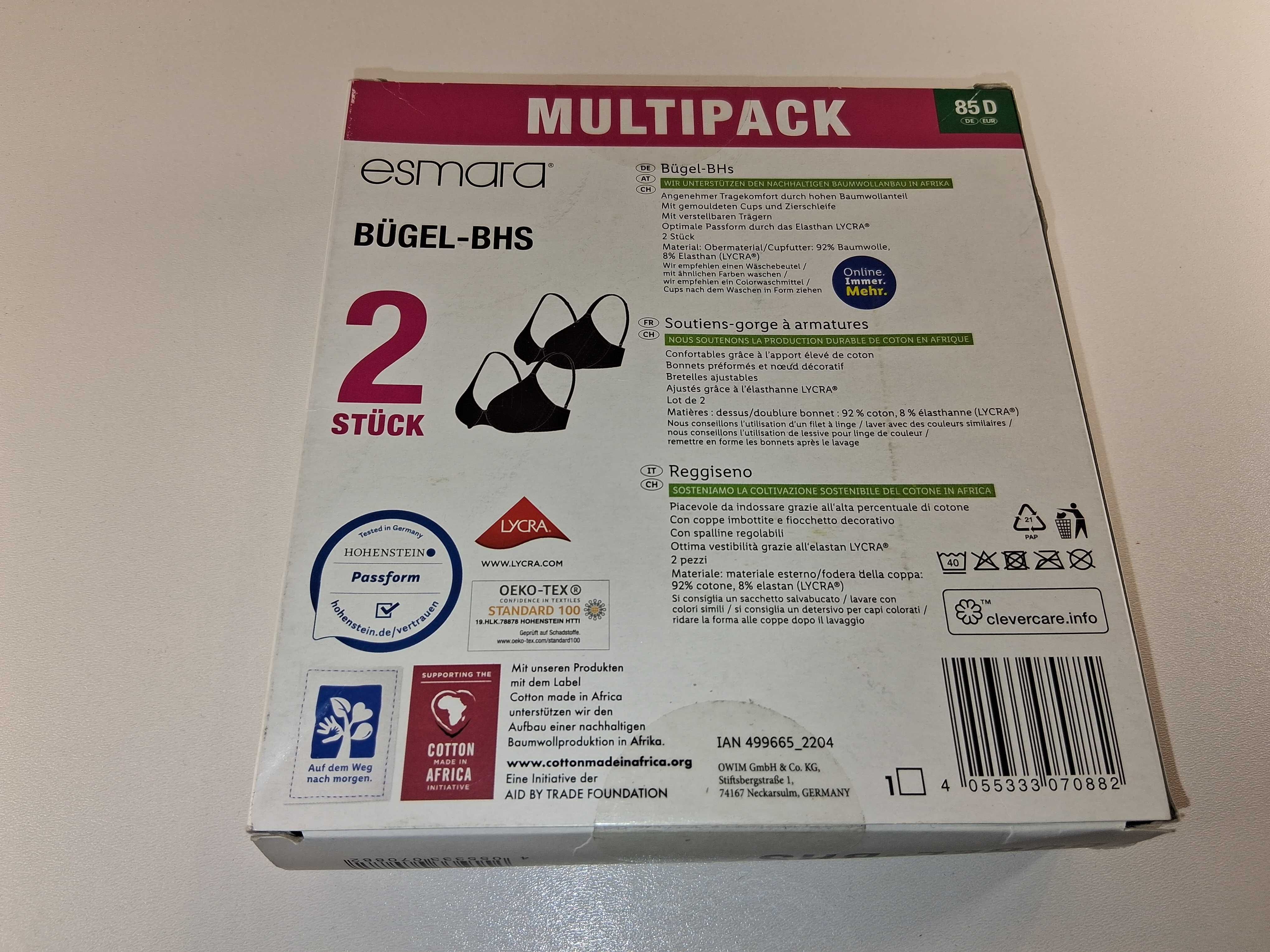 A067 Esmara 2x Biustonosz Damski Z Fisbinami Multipack Rozmiar 85D