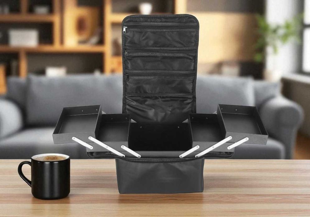 NOWY Kuferek Kosmetyczka Rozkładana Organizer Make-Up Czarny 25×28×20