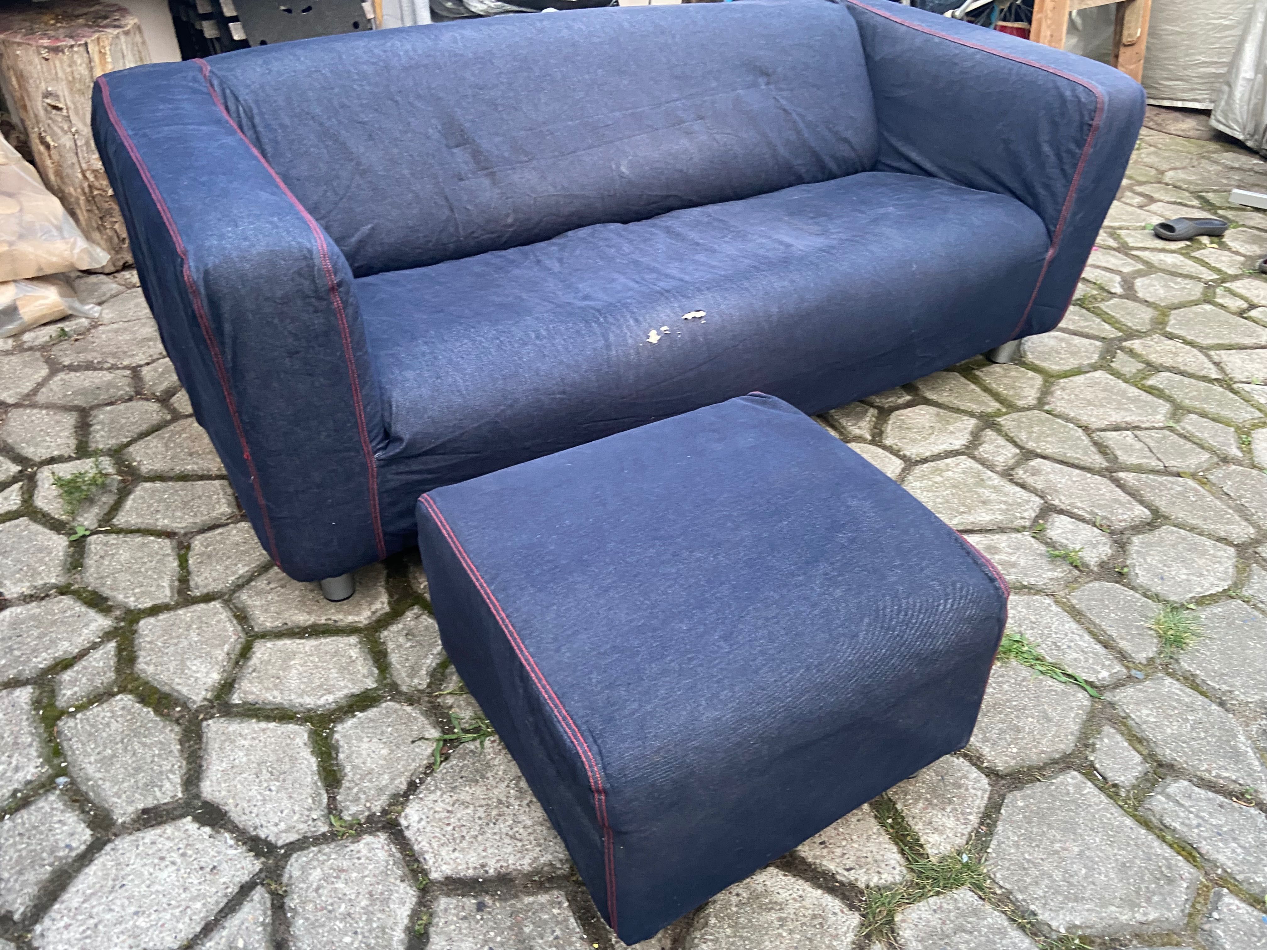 Sofa klippan z podnóżkiem, pokrowiec jeansowy