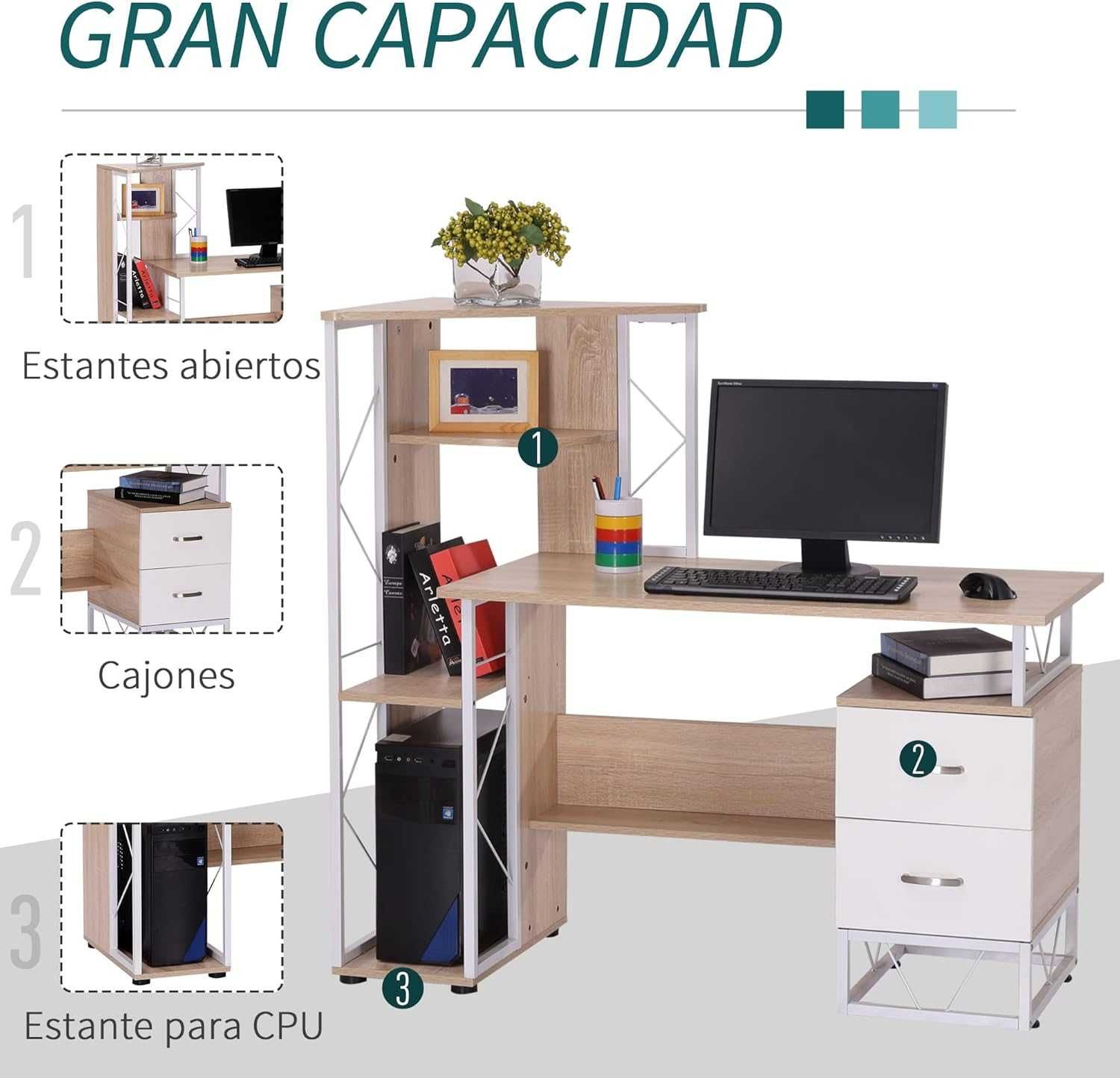 Secretária / Mesa de computador PC com Estante e Gavetas - Nova