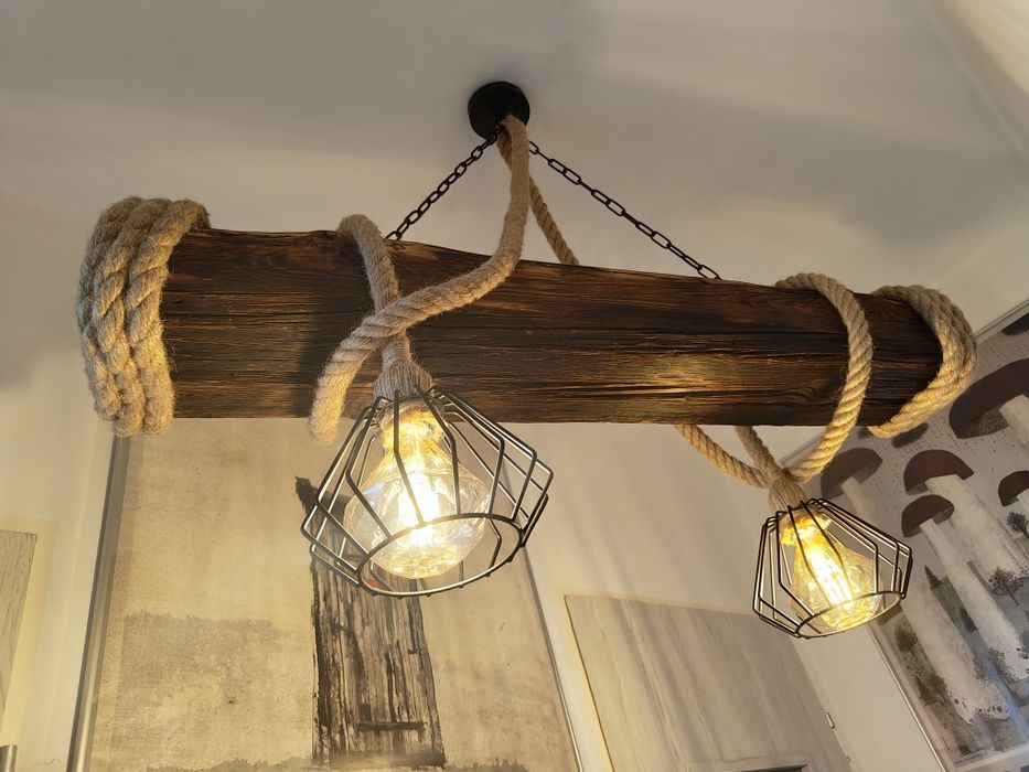 Lampa sznur jutowy 2xe27 belka rustykalna loft handmade klosze