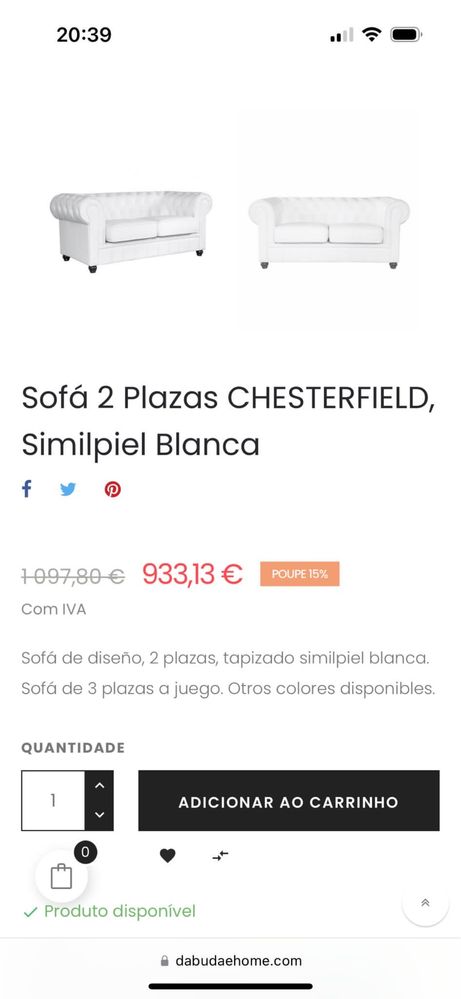 Sofá de 2 lugares CHESTERFIELD, Similpiel Branco