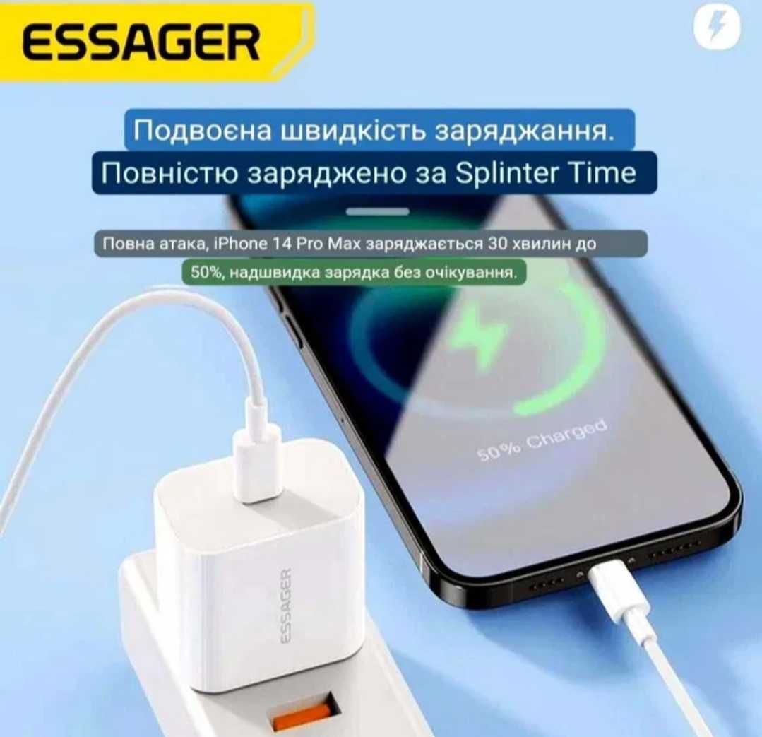 Швидка Зарядка для iPhone Essager 20W USB Type C, Quick Charge Кабель