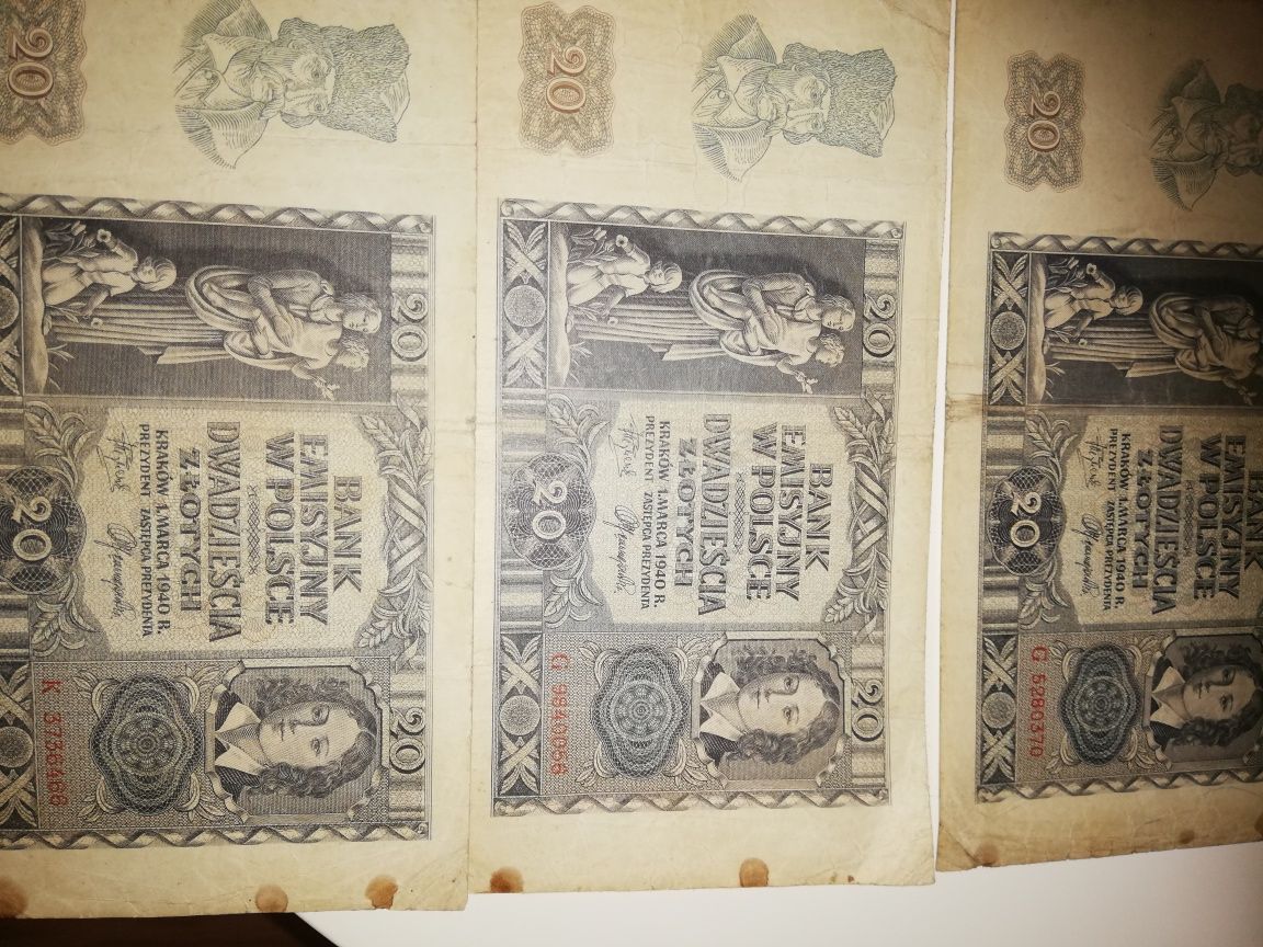 Okazja 10 sztuk banknotów 20 zloty 11940 rok