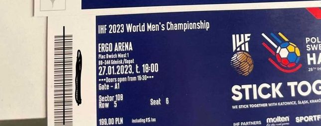 4 x bilet na półfinal Mistrzostw Swiata w Piłce Ręcznej GDANSK ESP-DEN