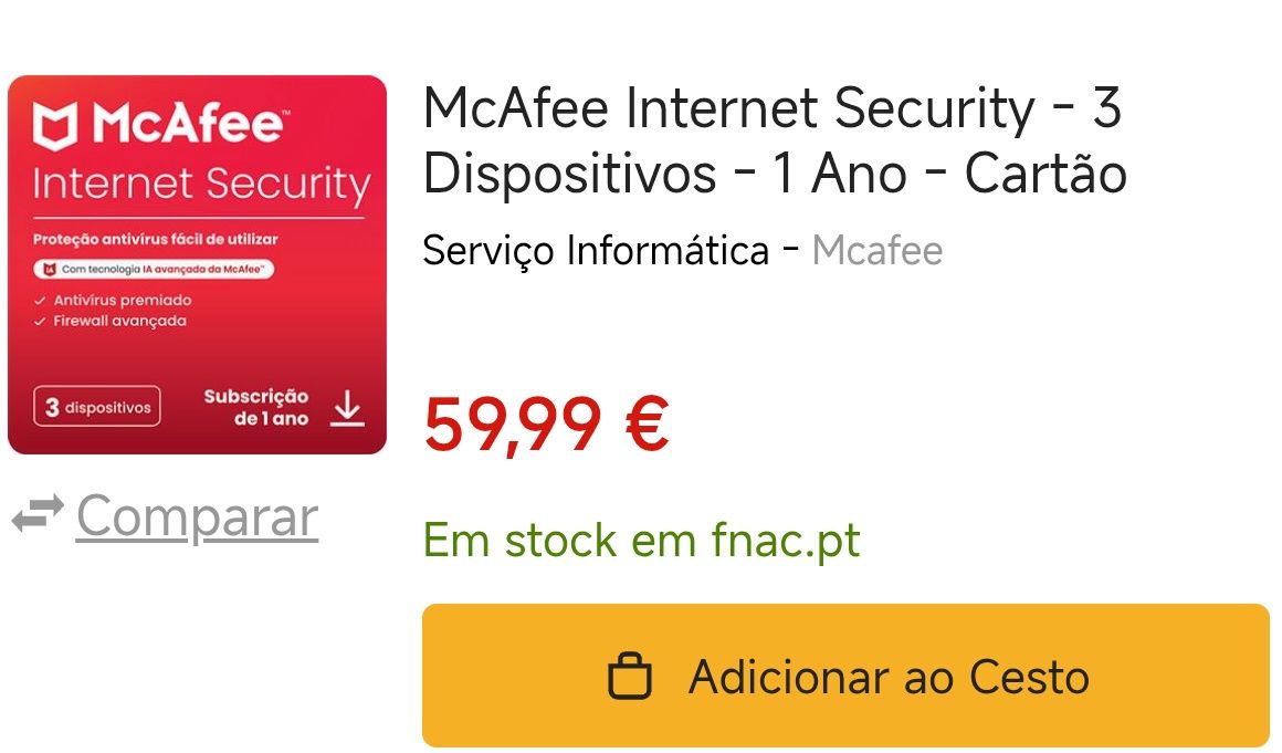 McAfee Internet Security - 3 Dispositivos - 1 Ano - Cartão Digital