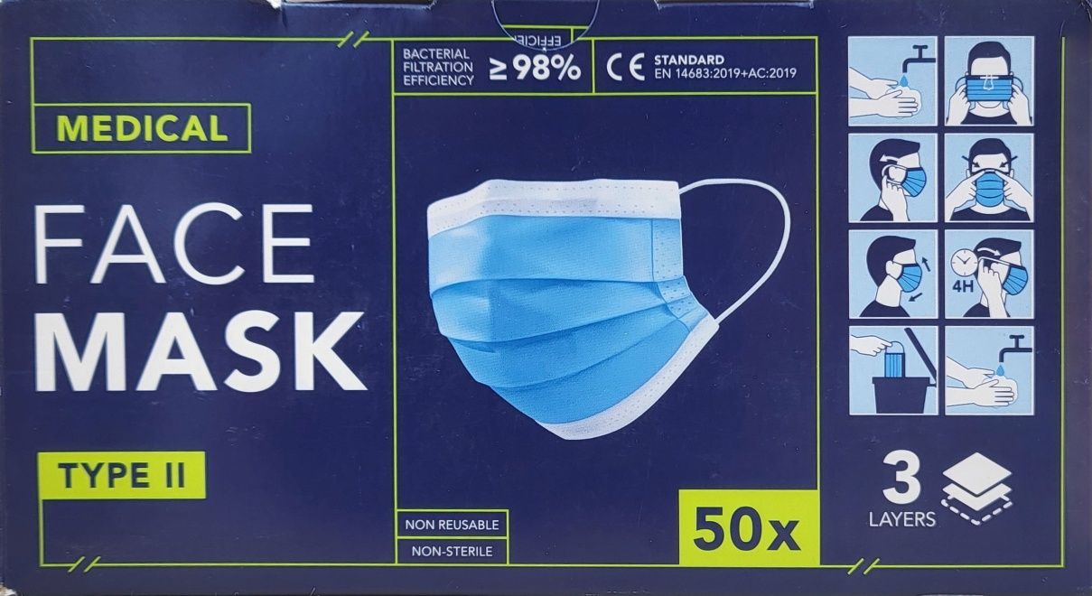 50 szt maseczek wyprzedaż (opakowanie)niebieskie ważność 14.12.2024