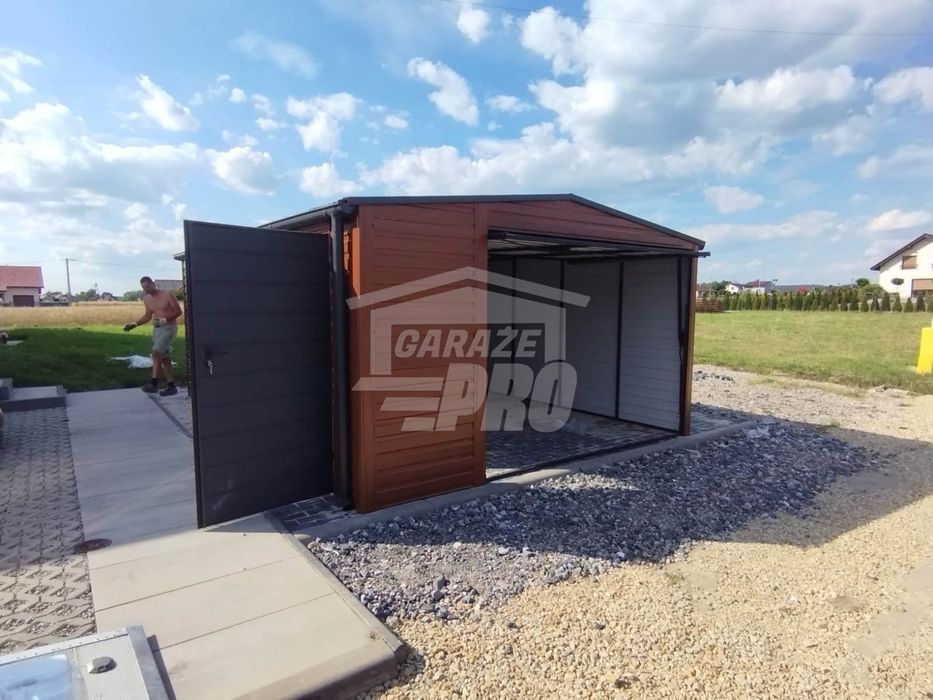 Garaż blaszany 4x6 Brama + drzwi - rynny okno Brąz Antracyt GP213