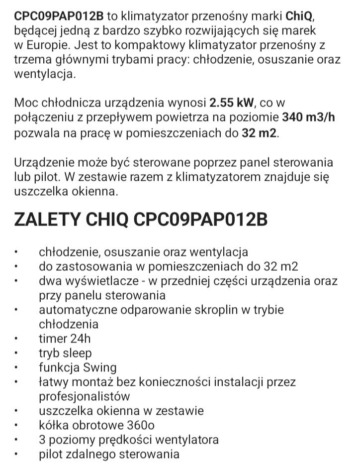 Klimatyzator przenośny CHIQ 9000BTU