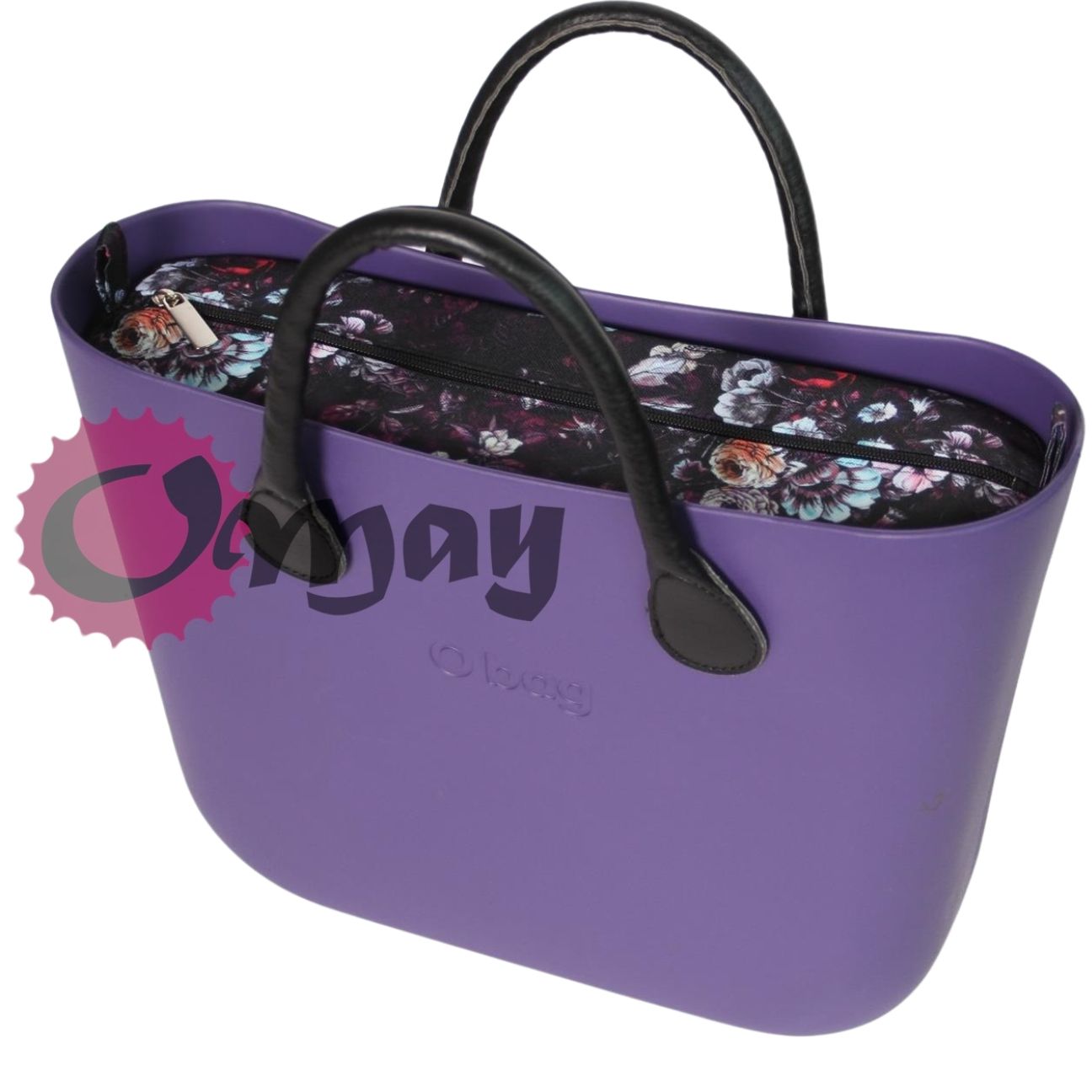 Czarny organizer OBAG STANDARD ogród kwiaty fiolet 2 kieszenie OMAY
