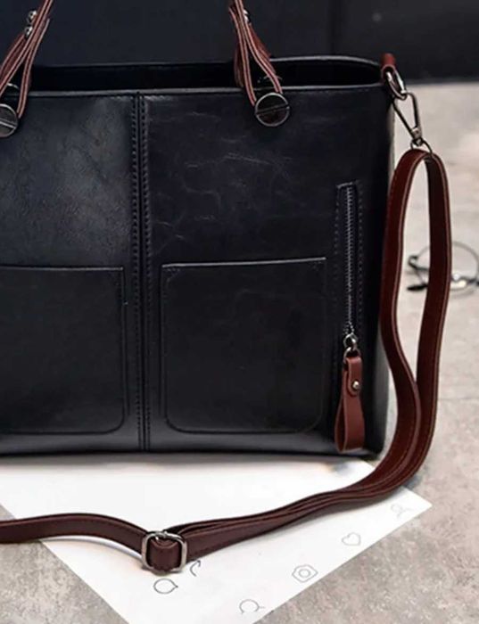 Женская кожаная городская модная черная большая велика жіноча сумка 1