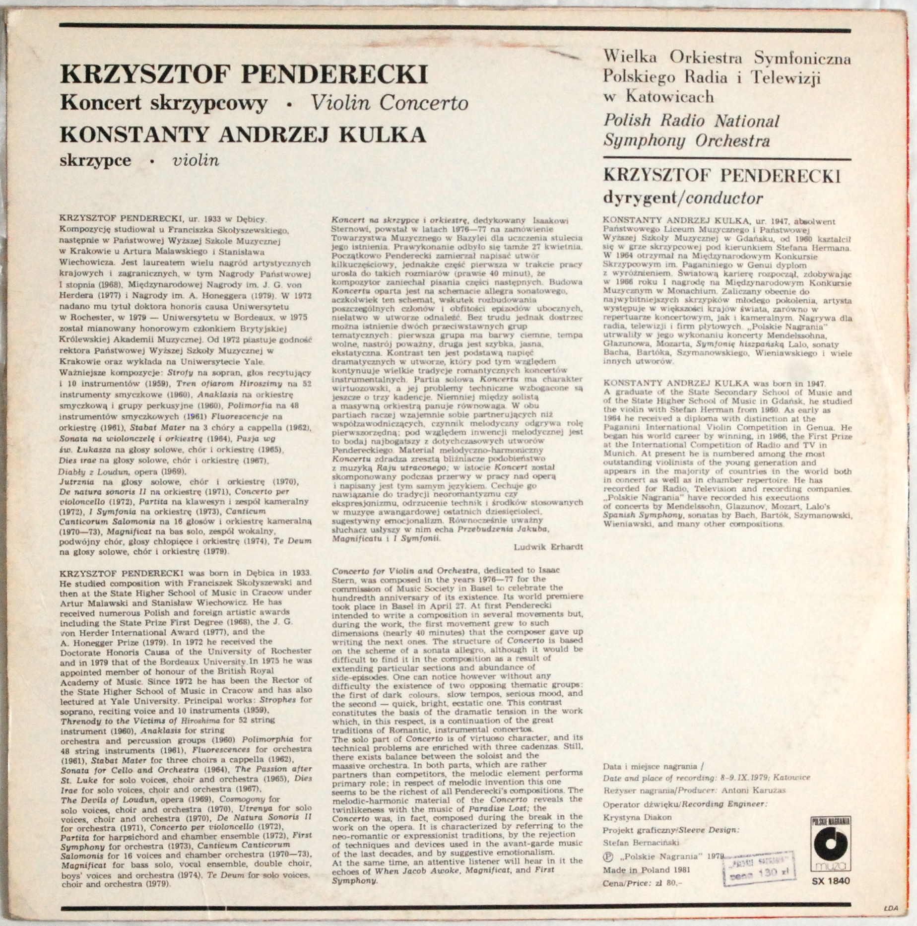 Krzysztof Penderecki, Konstanty Andrzej Kulka - Koncert Skrzypcowy